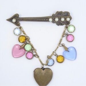 Vintage Gold Heart Charm Pin with Multicolor Glass Drops